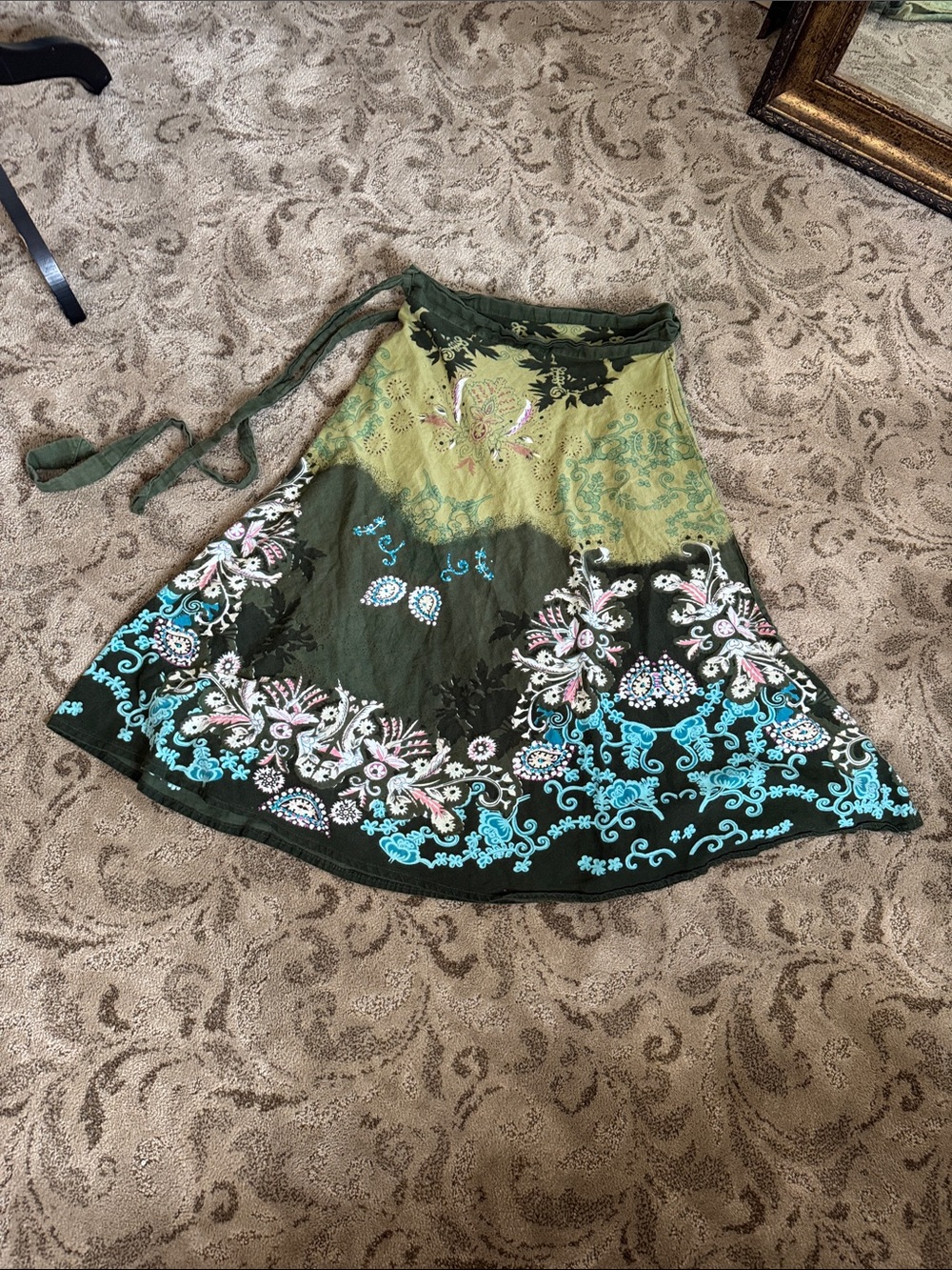 Bohemian Floral A-Line Wrap Skirt in Olive and Turquoise